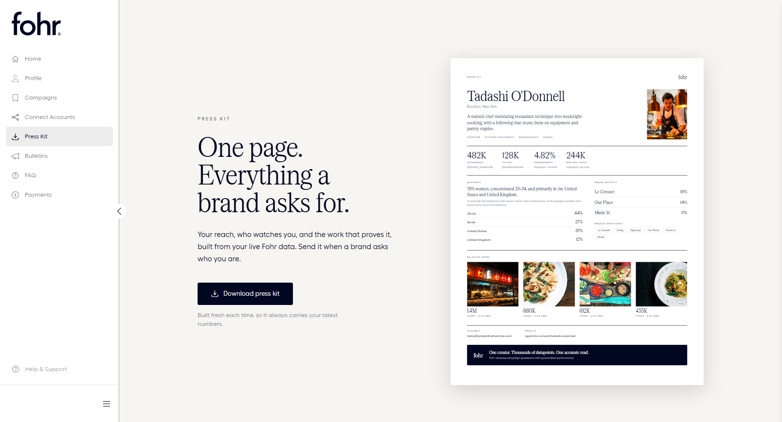 The Press Kit screen: the intro copy and Download press kit button on the left, and a sample press kit preview on the right, in light mode.